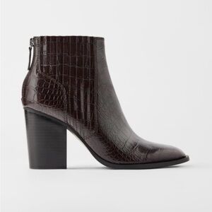 Zara Dark Brown Croc-Patterned Ankle Boots